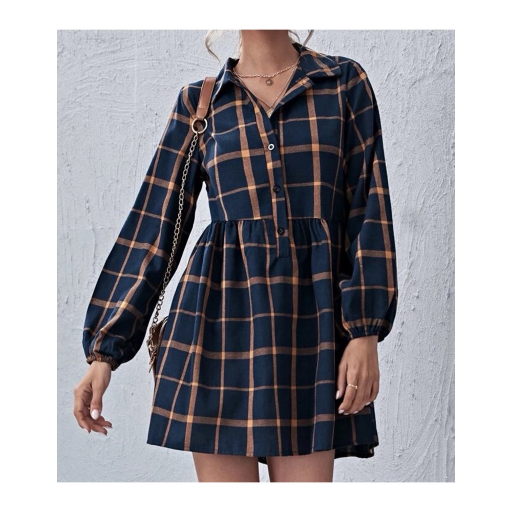 Navy blue and tan plaid patterned buttoned dress